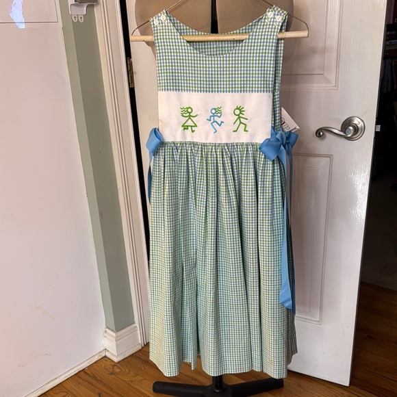 Boutique Beautifully Handmade Blue and Green Gingham Girl’s Embroidered Dress